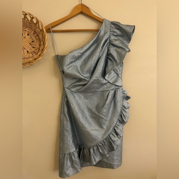 Topshop Dress One shoulder Ruffle Sz 8 Shine Party Cocktail Hoco Homecoming - Picture 4 of 8